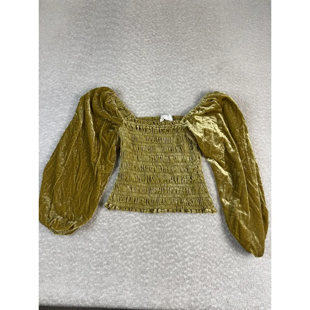 Anthropologie Blouse Womens XS Gold Velvet Off Shoulder Puff Sleeve‎ Cropped
